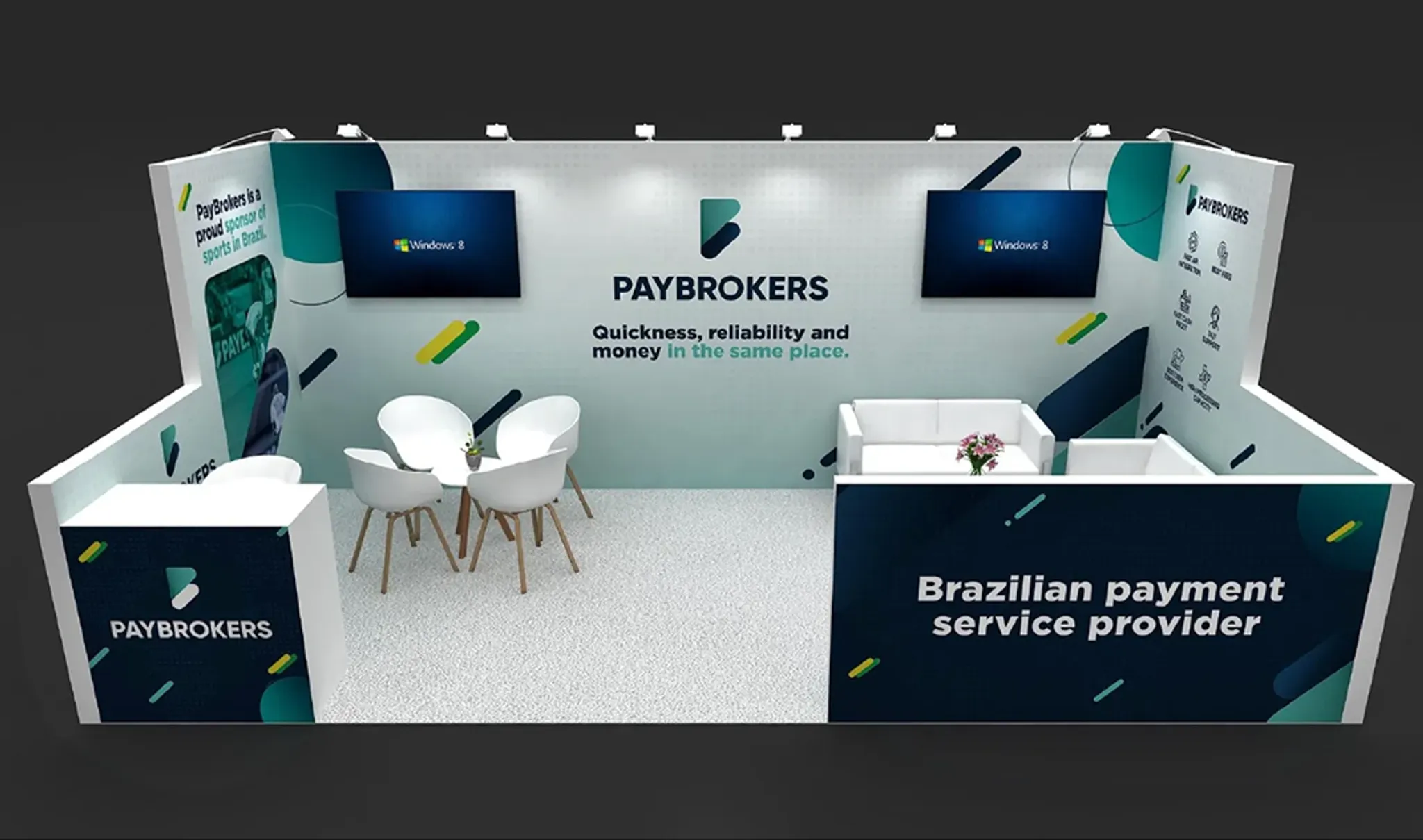10x20 booth with striking back wall and screens